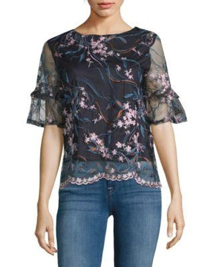 Nanette Lepore Embroidered Ruffle Top In Navy
