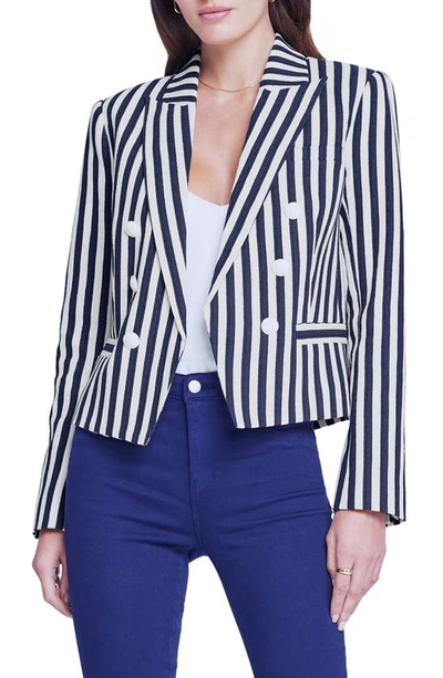 L Agence Brooke Striped Cropped Blazer In Navy Ecru Stripe