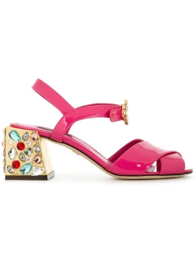Dolce & Gabbana Crystal-embellished Patent-leather Sandals In Pink