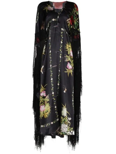 By Walid Silk Floral Fringed Dress In Black