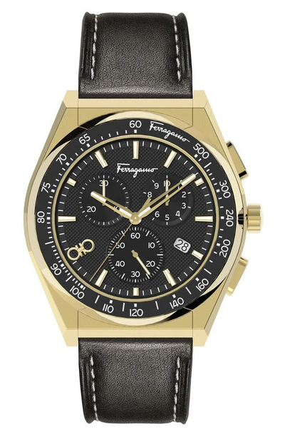 Ferragamo Chronograph Sport Leather Strap Watch, 43mm In Gold