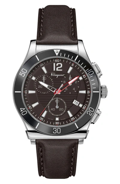 Ferragamo Swiss Quartz Chronograph Leather Strap Watch, 44mm In Stainless Steel