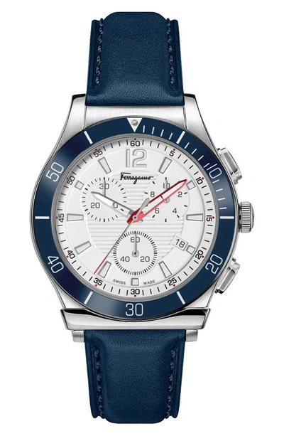 Ferragamo Swiss Quartz Chronograph Leather Strap Watch, 44mm In Stainless Steel