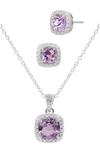 Savvy Cie Jewels Stone Pendant Necklace & Cushion Stud Earrings Box Set In Purple