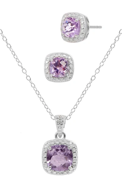 Savvy Cie Jewels Stone Pendant Necklace & Cushion Stud Earrings Box Set In Purple