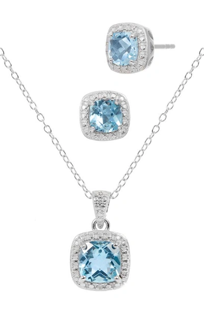 Savvy Cie Jewels Stone Pendant Necklace & Cushion Stud Earrings Box Set In Blue