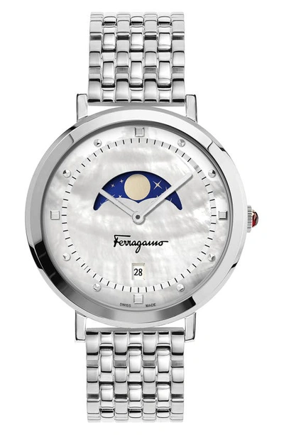 Ferragamo Logomania Moon Phase White Dial Stainless Steel Bracelet Watch, 36mm X 8.7mm