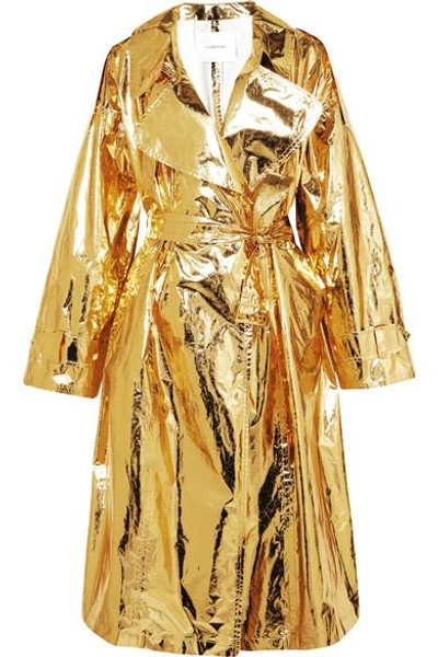 Pushbutton Metallic Crinkled-vinyl Trench Coat In Gold