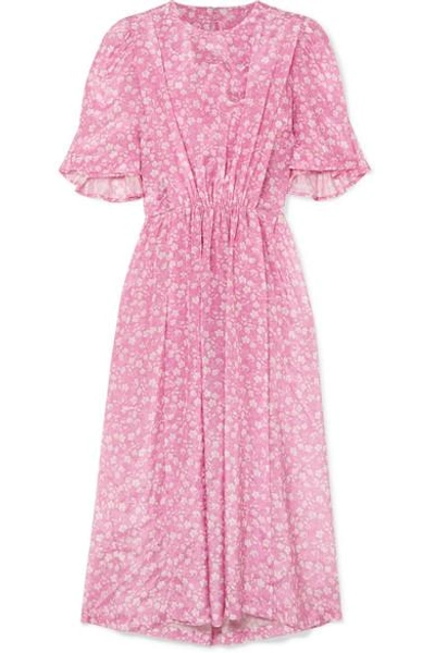 Pushbutton Gathered Floral-print Georgette Midi Dress In Pink