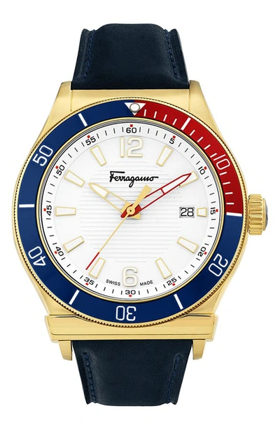 Ferragamo 1898 Sport Leather Strap Watch, 44mm In Gold