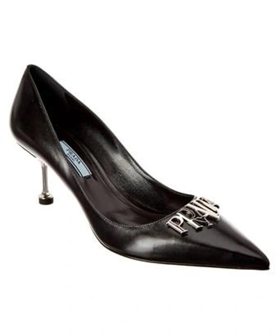 Prada 65 Logo Leather Pump In Black