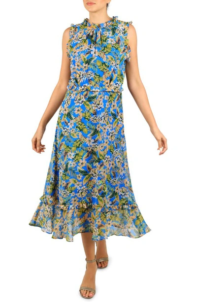 Julia Jordan Floral Print Ruffle Midi Dress In Blue Multi