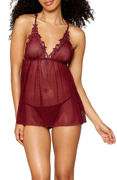 Dreamgirl Lace Trim Mesh Babydoll Chemise & G-string Thong In Burgundy