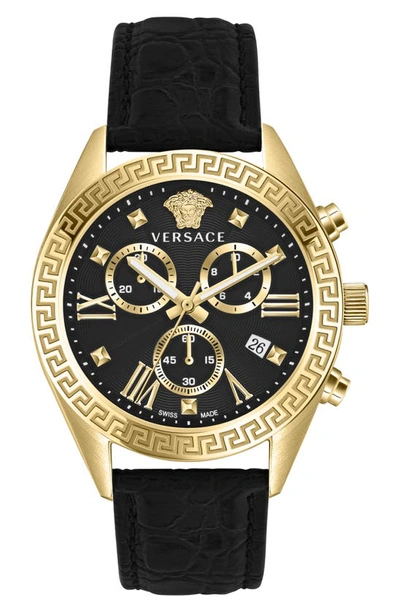 Versace 40mm Greca Chrono Watch With Leather Strap, Yellow Gold/black In Multi