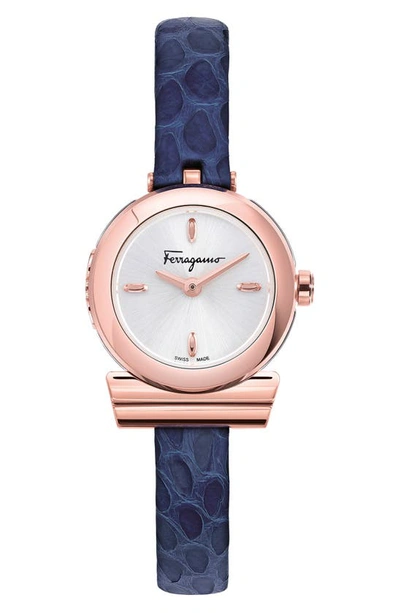 Ferragamo Gancino Rose Gold Ion Plated Stainless Steel Strap Watch, 22.5mm In Silver/blue