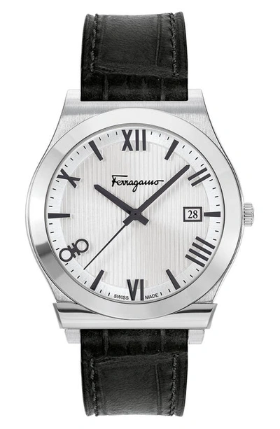 Ferragamo Men's Gancini Stainless Steel & Leather Strap Watch In Steel/black/silver