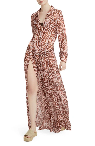 Cinq À Sept Alisha Woodblock Zebra Long Sleeve Cover-up Dress In Sequoiq/ivory