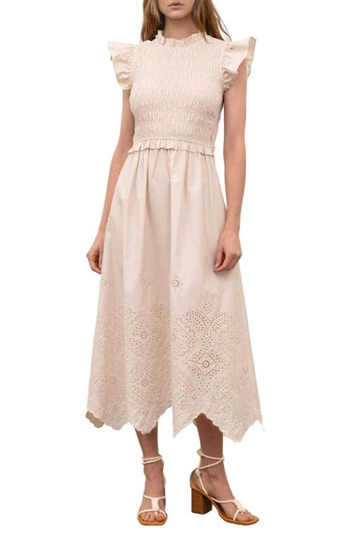 Moon River Ruffle Eyelet Smocked Bodice Stretch Cotton Dress In Cream