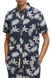 Scotch & Soda Trim Fit Floral Print Short Sleeve Button-up Shirt In 5818-navy Leaf