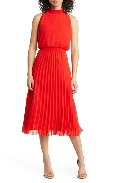Sam Edelman Smocked Pleat Sleeveless Midi Dress In Red