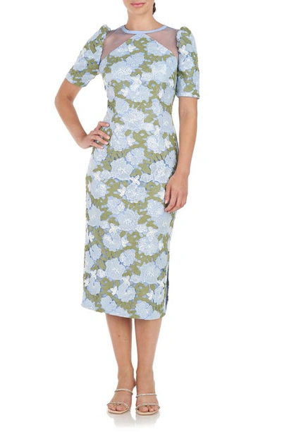 Js Collections Natalie Floral Tea Length Sheath Dress In Hydrangea/ Fern