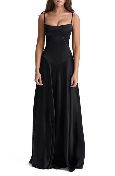 House Of Cb Lace-up Satin Maxi Slipdress In Black