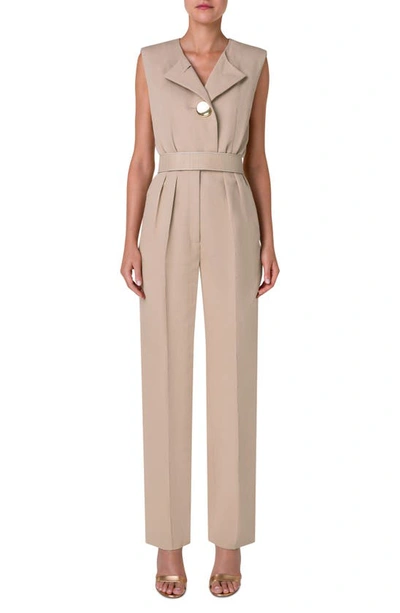 Akris Sleeveless Belted Twill Jumpsuit In Sand