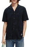 Scotch & Soda Short Sleeve Organic Cotton Blend Terry Jacquard Button-up Camp Shirt In 0004-navy