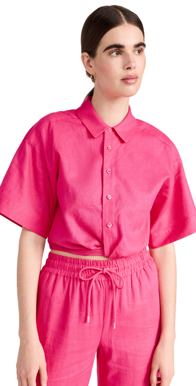Frame Twist-front Linen-blend Cropped Shirt In Flamingo
