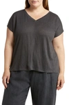 Eileen Fisher V-neck Short-sleeve Organic Linen Tee In Graphite