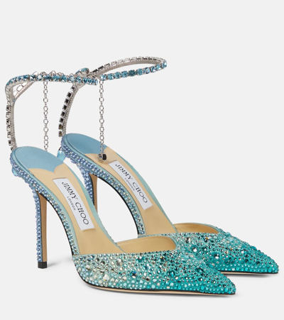 Jimmy Choo Saeda Ombre Crystal Ankle-strap Pumps In Pecok/smogren/smblue