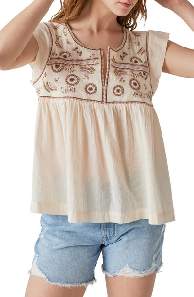 Lucky Brand Embroidered Bib Cotton Top In Nude Pink