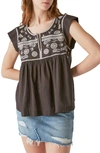 Lucky Brand Embroidered Bib Cotton Top In Washed Black
