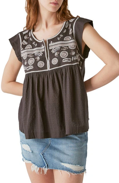 Lucky Brand Embroidered Bib Cotton Top In Washed Black