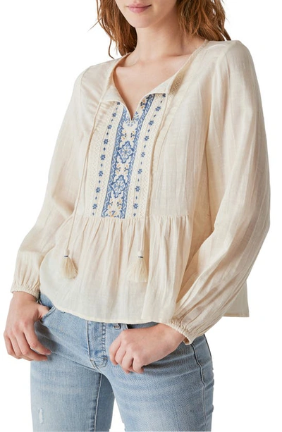 Lucky Brand Hazel Embroidered Cotton Blend Top In Blue Combo