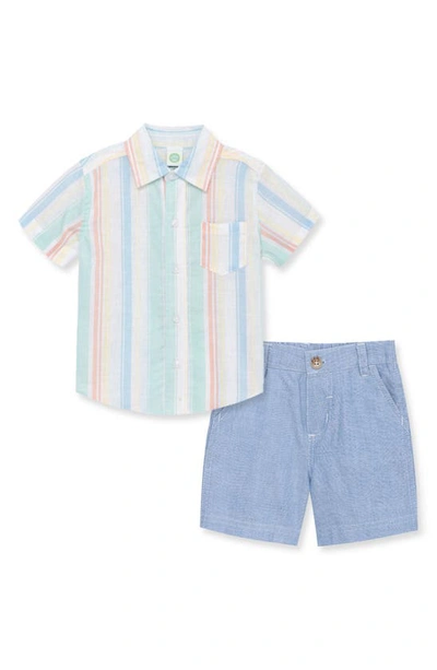 Little Me Boys' Stripe Button Down Shirt & Chambray Shorts Set - Baby In Pastel Blue