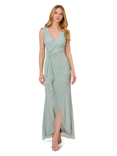 adrianna papell mint green dress Women's Metallic Ruffled Sleeveless Faux-wrap Gown In Smoke LowStock:43289263374387
