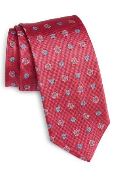 David Donahue Floral Medallion Silk Tie In Berry