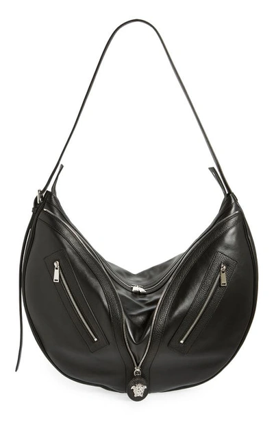 Versace Medium Repeat Leather Hobo Bag In Black/ Palladium