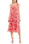 Socialite Tie Waist Tiered Midi Dress In Red Ditsy Floral