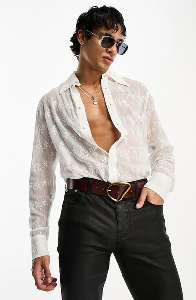 Asos Design Longline Sheer Embroidered Shirt With 70s Collar In White In White