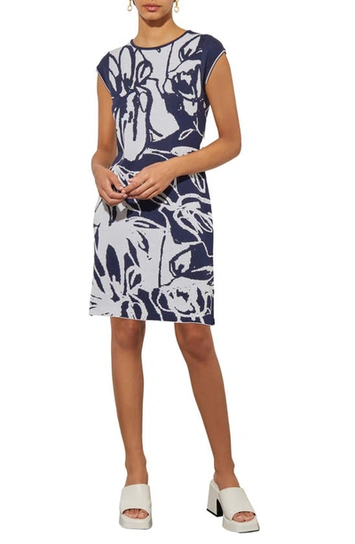 Ming Wang Abstract Floral Knit Dress In Indigo/white