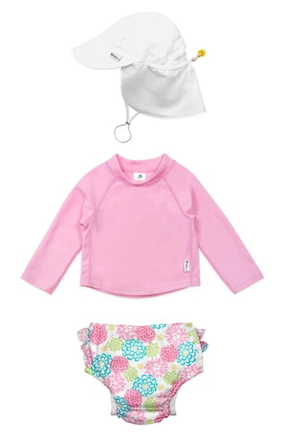 Green Sprouts Babies' Sun Hat, Long Sleeve Rashguard & Reusable Swim Diaper Set In White Zinnia