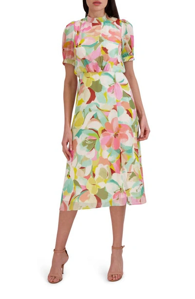 Julia Jordan Floral Puff Sleeve Midi Dress In Ivory Multi