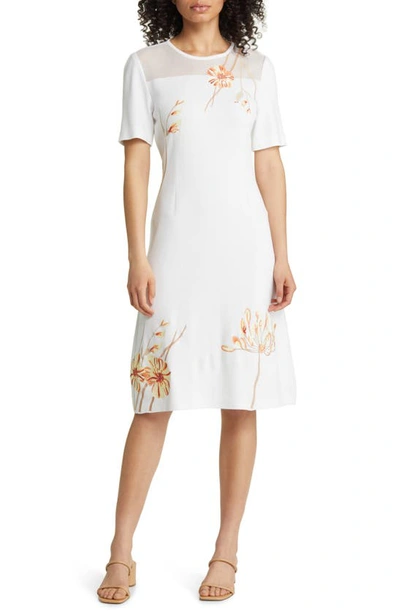 Misook Flower Embroidery Knit Dress In Wht/sand/mul