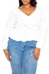 Buxom Couture Ruffle Long Sleeve Peplum Blouse In White