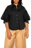 Buxom Couture Puff Sleeve Cotton Blend Button-up Shirt In Black