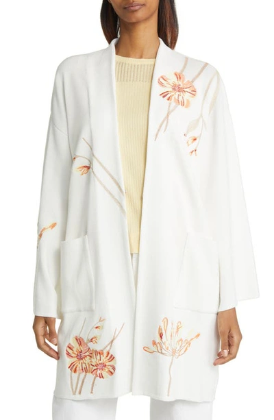 Misook Floral Embroidered Open Front Cardigan In White Multi