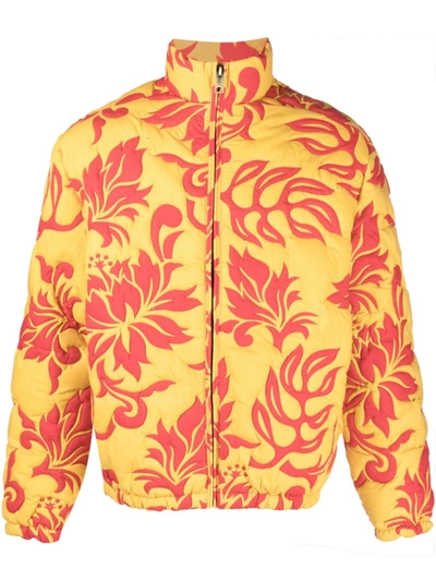 Erl Quilted Floral-print Jacket In Orange