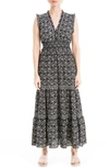 Max Studio Sleeveless Smocked Floral Print Tiered Maxi Dress In Black/ Cream Daisy